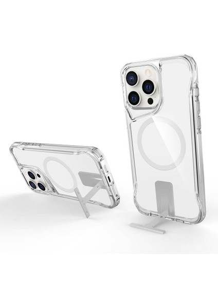 Apple iPhone 15 Pro Kılıf Magsafe Şarj Özellikli Zore T-Max Standlı Kapak-Renksiz