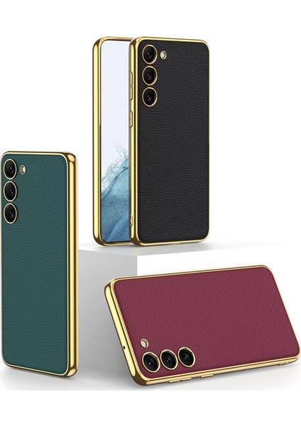 Galaxy S23 Plus Kılıf Deri Görünümlü Kenarları Elektroplating Kaplama Zore Fizyon Kapak-Koyu Yeşil