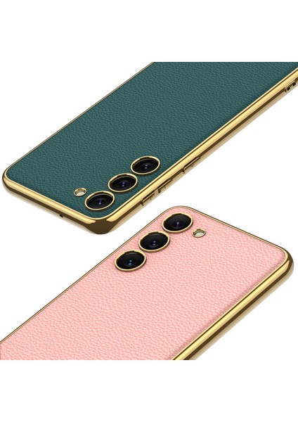 Galaxy S23 Plus Kılıf Deri Görünümlü Kenarları Elektroplating Kaplama Zore Fizyon Kapak-Koyu Yeşil