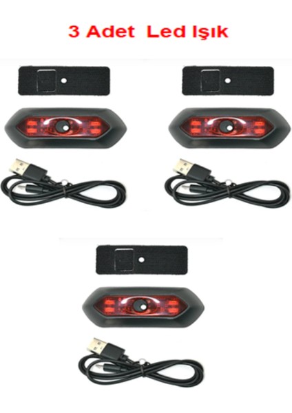 3x LED Kask Işığı, Motosiklet Bisiklet Şarj Edilebilir Arka Kırmızı Gece Sürüşü Için Güvenlik Uyarı Işığı