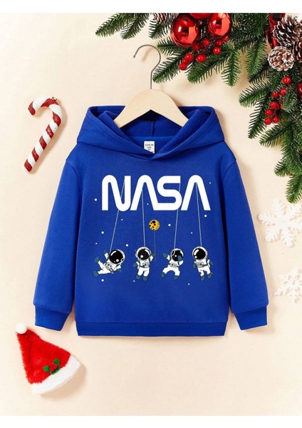 Nasa Astronot Pamuklu Çocuk Sweatshirt - Sax Mavi Baskılı Kız Erkek Çocuk Kışlık Cepli Kapüşonlu