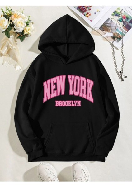 New York Brooklyn Sweatshirt - Siyah Baskılı Oversize Kışlık Kalın Kapüşonlu