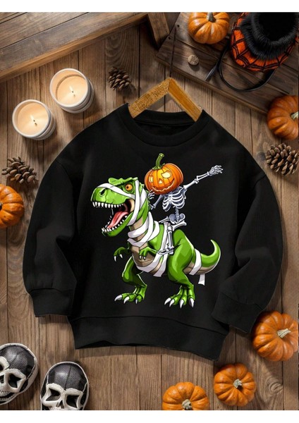 Çocuk Siyah Dino Baskı Bisiklet Yaka Sweatshirt