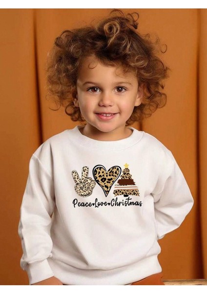 Pamuklu Çocuk Sweatshirt - Beyaz Baskılı Kız Erkek Çocuk Kışlık Bisiklet Yaka