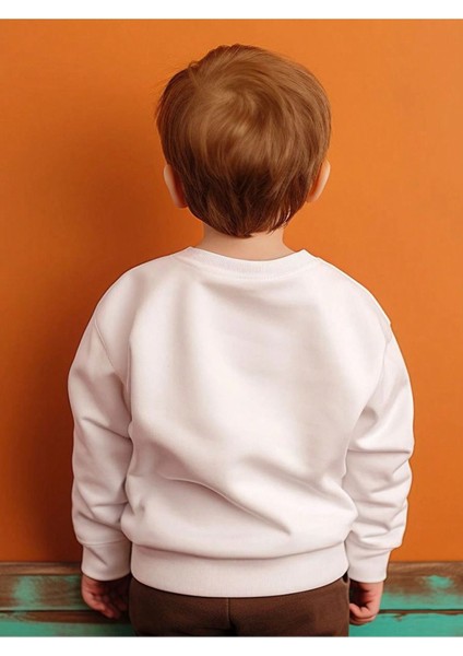 Pamuklu Çocuk Sweatshirt - Beyaz Baskılı Kız Erkek Çocuk Kışlık Bisiklet Yaka fiyatları