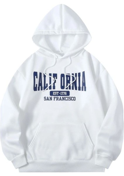 Califor Ornia 1776 Sweatshirt - Beyaz Baskılı Oversize Kışlık Kalın Kapüşonlu