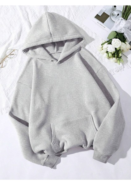 Desensiz Düz Sweatshirt - Gri Oversize Kışlık Kalın Kapüşonlu