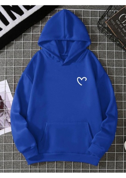 Yarım Kalp Sweatshirt - Sax Mavi Baskılı Oversize Kışlık Kalın Kapüşonlu