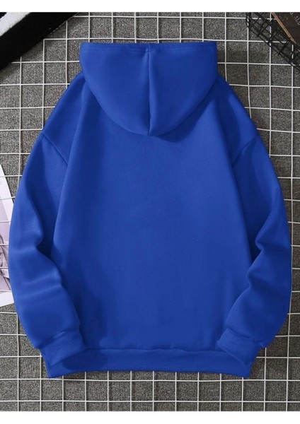 Yarım Kalp Sweatshirt - Sax Mavi Baskılı Oversize Kışlık Kalın Kapüşonlu fiyatları