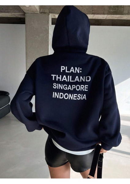 Plain Thailand Sweatshirt - Lacivert Baskılı Oversize Kışlık Kalın Kapüşonlu