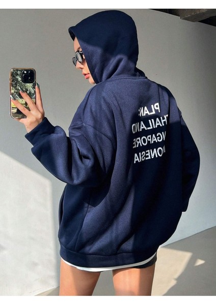 Plain Thailand Sweatshirt - Lacivert Baskılı Oversize Kışlık Kalın Kapüşonlu fiyatları