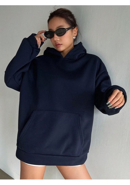 Plain Thailand Sweatshirt - Lacivert Baskılı Oversize Kışlık Kalın Kapüşonlu fırsatları