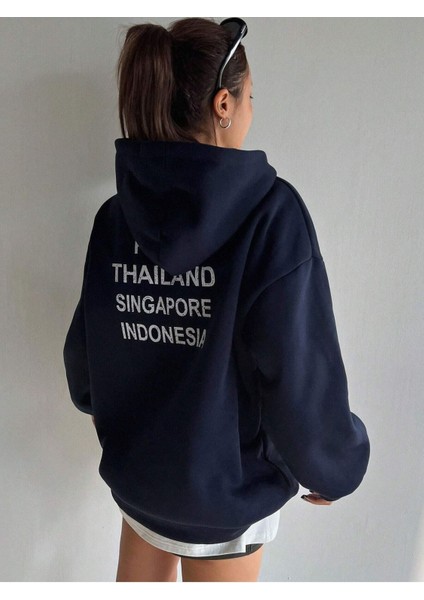 Plain Thailand Sweatshirt - Lacivert Baskılı Oversize Kışlık Kalın Kapüşonlu indirimleri