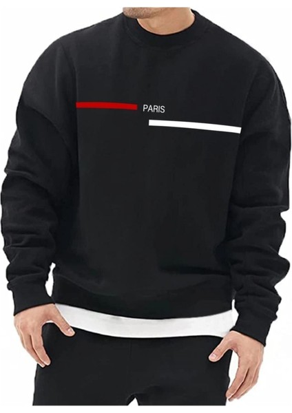 Paris Çizgi Sweatshirt - Siyah Baskılı Oversize Kışlık Kalın Bisiklet Yaka