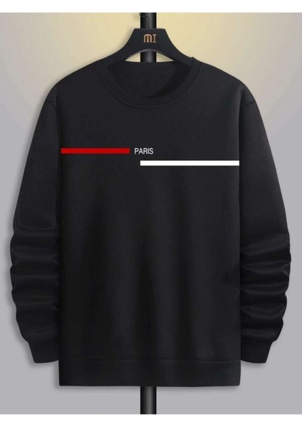 Paris Çizgi Sweatshirt - Siyah Baskılı Oversize Kışlık Kalın Bisiklet Yaka fiyatları