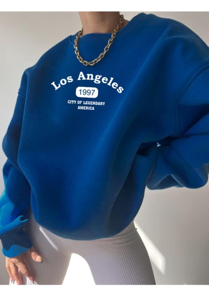 Los Angeles 1997 Sweatshirt - Saks Mavisi Baskılı Oversize Kışlık Kalın Bisiklet Yala