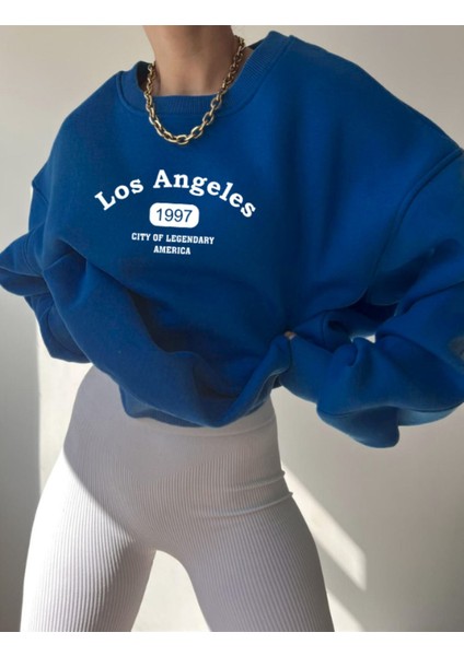 Los Angeles 1997 Sweatshirt - Saks Mavisi Baskılı Oversize Kışlık Kalın Bisiklet Yala fiyatları