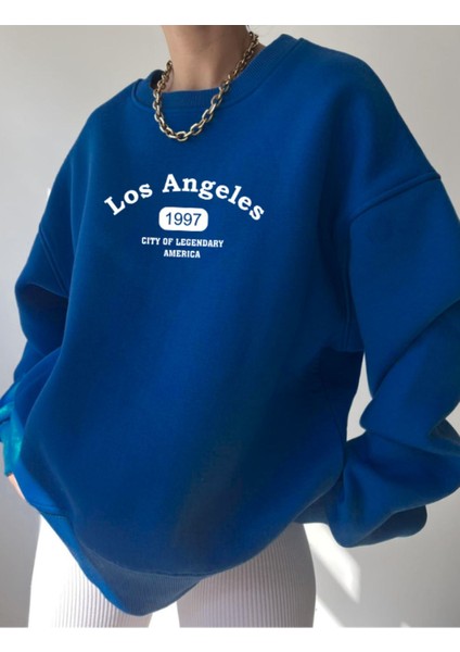 Los Angeles 1997 Sweatshirt - Saks Mavisi Baskılı Oversize Kışlık Kalın Bisiklet Yala modelleri