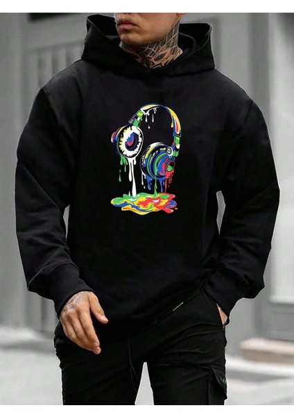 Unisex Siyah Renkli Kulaklık Baskılı Siyah Kapüşonlu Oversize Sweatshirt