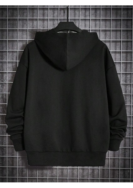Unisex Siyah Renkli Kulaklık Baskılı Siyah Kapüşonlu Oversize Sweatshirt fiyatları
