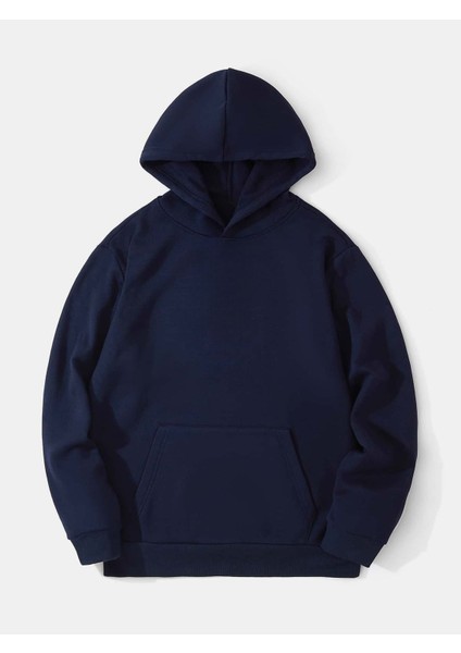 Desensiz Düz Sweatshirt - Lacivert Oversize Kışlık Kalın Kapüşonlu