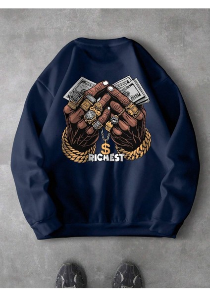 Rıchest Baskılı Bisiklet Yaka Lacivert Sweatshirt - Oversize Unisex Kışlık Kalın