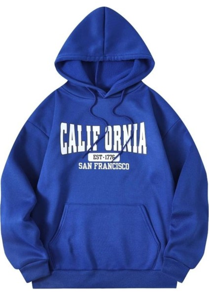 Califor Ornia 1776 Sweatshirt - Sax Mavi Baskılı Oversize Kışlık Kalın Kapüşonlu