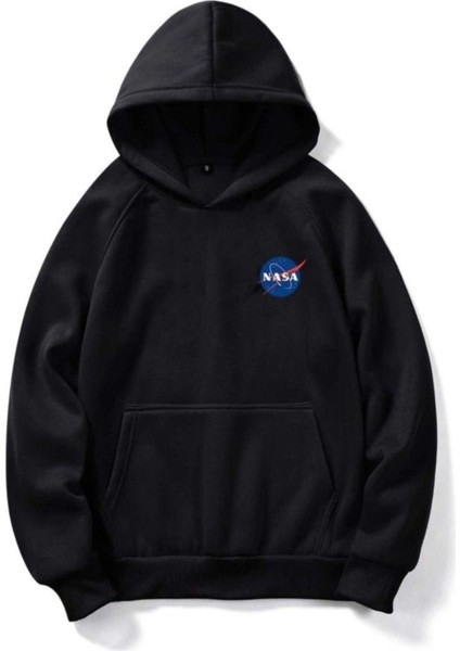 Nasa Logo Sweatshirt - Siyah Baskılı Oversize Kışlık Kalın Kapüşonlu
