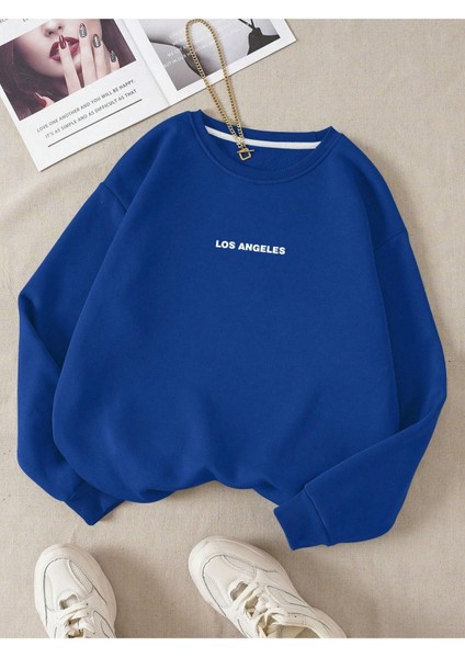 Los Angeles Minimal Yazı Sweatshirt - Sax Mavi Baskılı Oversize Kışlık Kalın Bisiklet Yala