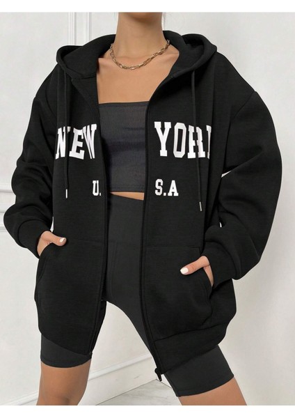 New York U.s.a Fermuarlı Hırka Sweatshirt - Siyah Baskılı Oversize Kışlık Kalın Kapüşonlu