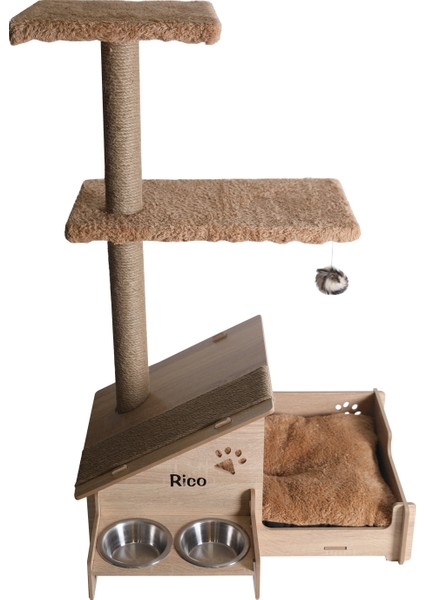 Çok Amaçlı Katlı Kedi Oyun Evi-İsim Baskılı-Ahşap MDF-Tırmalama Çubuklu-Kahverengi-Çelik Kase-2*350 modelleri