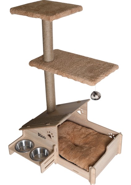 Çok Amaçlı Katlı Kedi Oyun Evi-İsim Baskılı-Ahşap MDF-Tırmalama Çubuklu-Kahverengi-Çelik Kase-2*350 fırsatları
