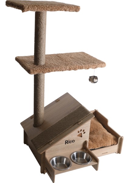 Çok Amaçlı Katlı Kedi Oyun Evi-İsim Baskılı-Ahşap MDF-Tırmalama Çubuklu-Kahverengi-Çelik Kase-2*350 indirimleri