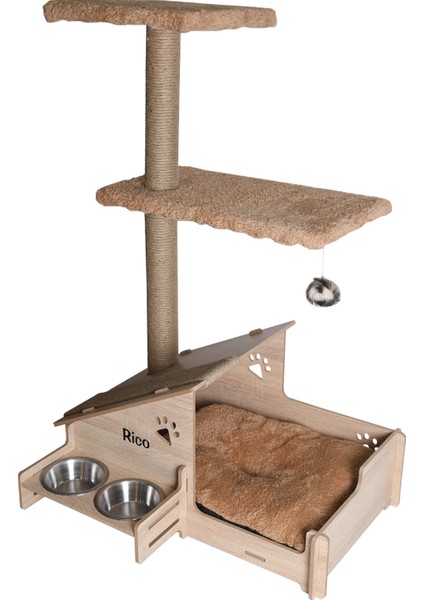 Çok Amaçlı Katlı Kedi Oyun Evi-İsim Baskılı-Ahşap MDF-Tırmalama Çubuklu-Kahverengi-Çelik Kase-2*350
