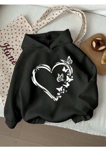 Kelebekli Kalp Pamuklu Çocuk Sweatshirt - Siyah Baskılı Kız Erkek Çocuk Kışlık Kapüşonlu