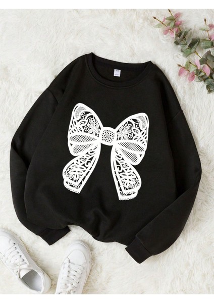 Dantel Kurdela Baskılı Pamuklu Çocuk Sweatshirt - Siyah Baskılı Kız Erkek Çocuk Kışlık Bisiklet Yaka