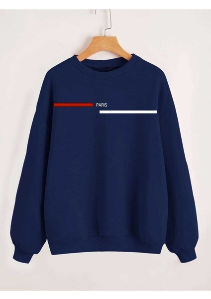 Paris Çizgi Sweatshirt - Lacivert Baskılı Oversize Kışlık Kalın Bisiklet Yaka