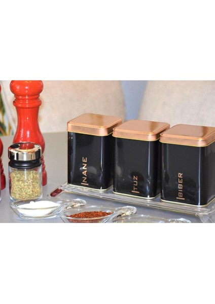 3'lü Köşeli Siyah Metal Kutu Baharat Seti - 500 ml