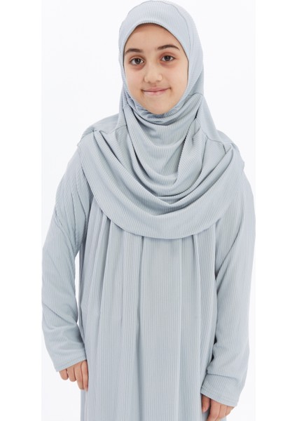 Çocuk Namaz Elbisesi- Kaşkorse Pratik Başörtülü - Deniz mavisi