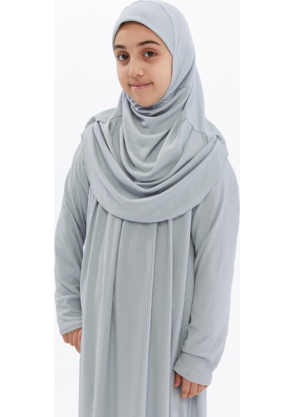 Çocuk Namaz Elbisesi- Kaşkorse Pratik Başörtülü - Deniz mavisi