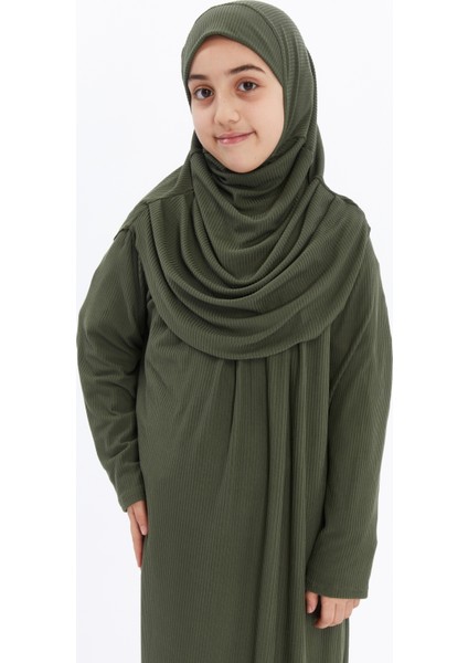 Çocuk Namaz Elbisesi- Kaşkorse Pratik Başörtülü - Haki