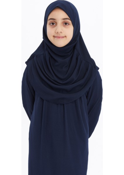 Çocuk Namaz Elbisesi- Kaşkorse Pratik Başörtülü - Lacivert