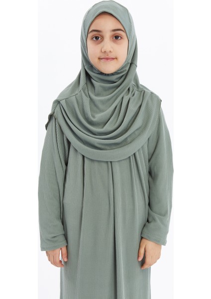 Çocuk Namaz Elbisesi- Kaşkorse Pratik Başörtülü - Su Yeşili
