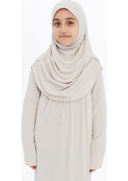 Çocuk Namaz Elbisesi- Kaşkorse Pratik Başörtülü - Koyu Krem