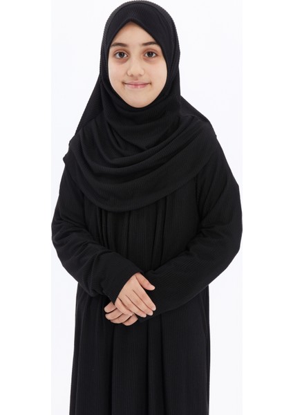 Çocuk Namaz Elbisesi- Kaşkorse Pratik Başörtülü - SİYAH