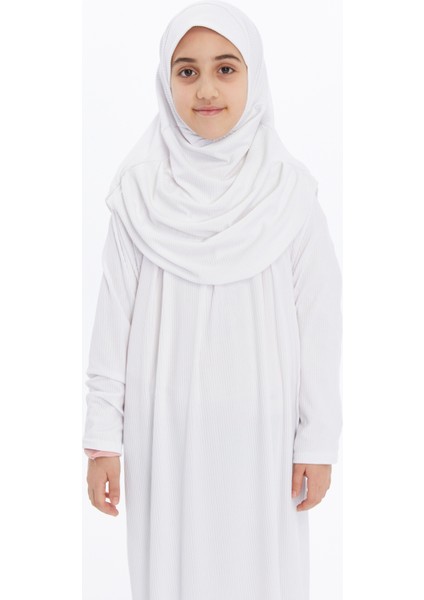 Çocuk Namaz Elbisesi- Kaşkorse Pratik Başörtülü - Beyaz