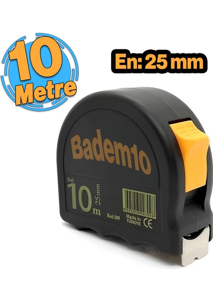 Şerit Metal Metre 10 Metre En 25 mm Düğmeli Ölçüm Ölçme Yumuşak Plastik Kasalı