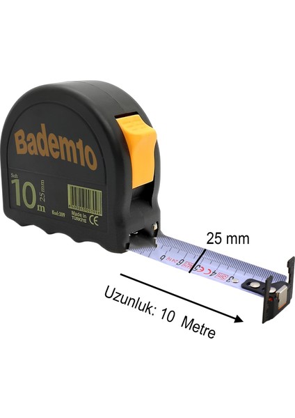 Şerit Metal Metre 10 Metre En 25 mm Düğmeli Ölçüm Ölçme Yumuşak Plastik Kasalı