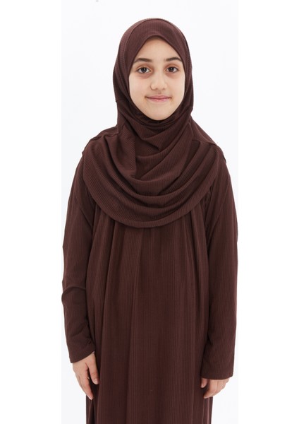 Çocuk Namaz Elbisesi- Kaşkorse Pratik Başörtülü - Acı Kahve