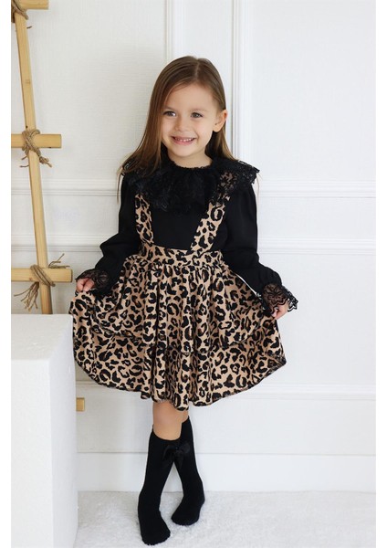 Kız Çocuk Helen Leopar Desenli Askılı Kat Kat Bağlama Jile Elbise Dantel Detay Uzun Kollu Bluz Takım TKM-0190.57 fiyatları